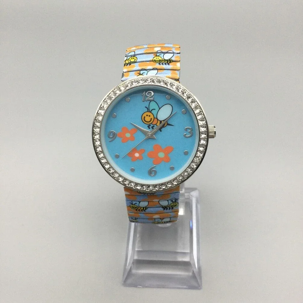 Strada Womens Watch 40mm Blue Bee Floral Dial Rhinestone Stretch New Battery